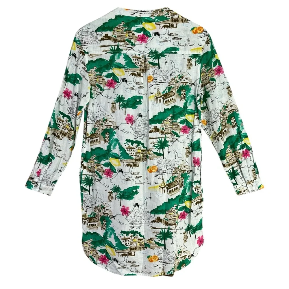 Cynthia Rowley 100% Linen Amalfi Coast Print Long Sleeve V-Neck Mini Dress Small